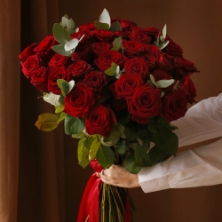 Букет 51 роза Рэд Наоми с зеленью 
